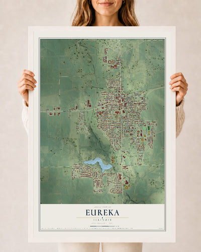 Map of Eureka, Illinois, 24 x 36 inch print in a white wood frame