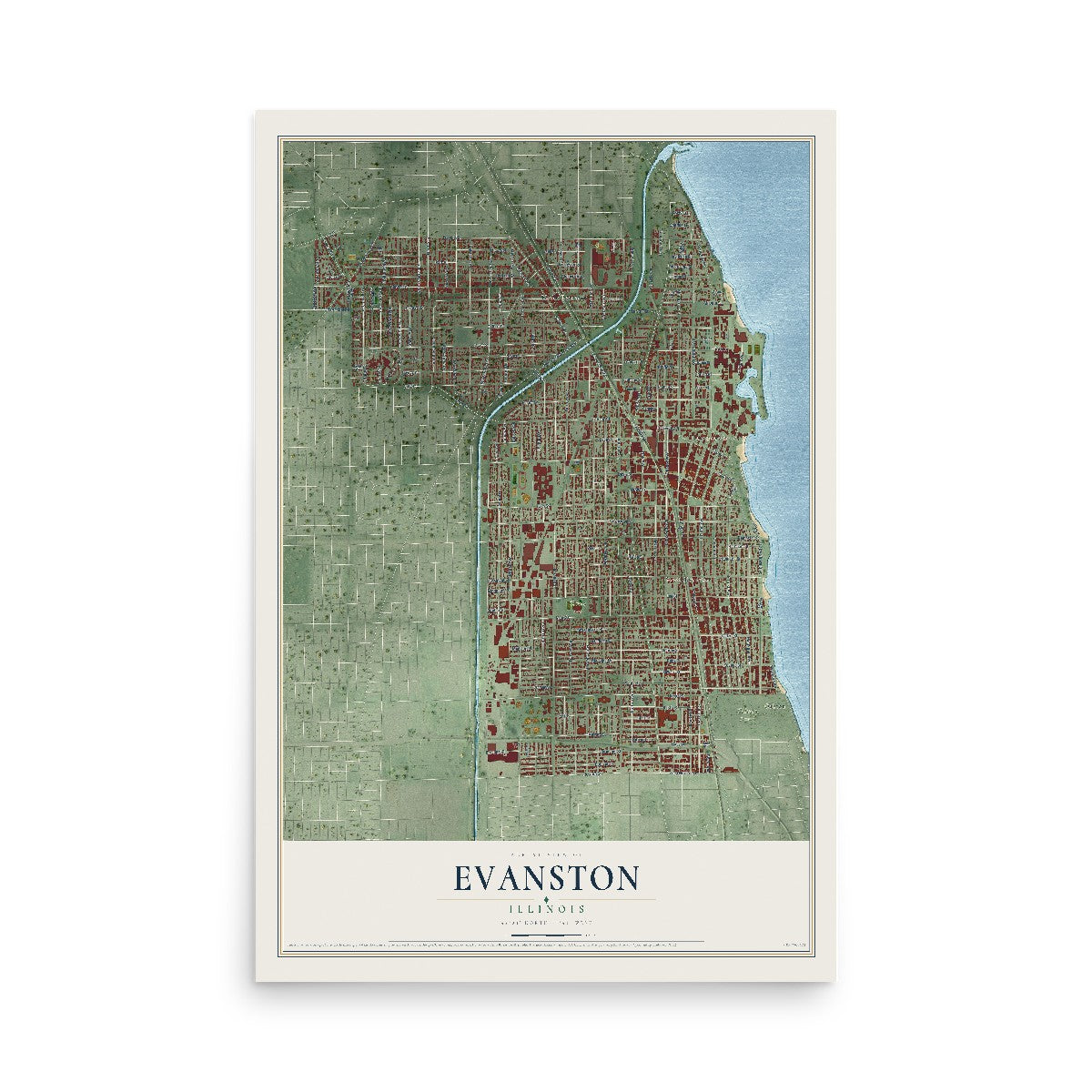 Map of Evanston, Illinois, 12 x 18 inch unframed archival matte print
