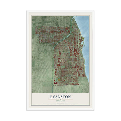 Map of Evanston, Illinois, 12 x 18 inch print in a white wood frame