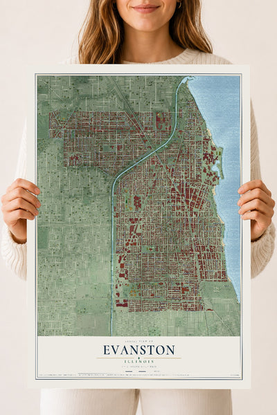 Map of Evanston, Illinois, 18 x 24 inch unframed archival matte print