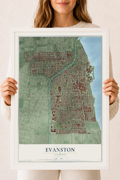 Map of Evanston, Illinois, 18 x 24 inch print in a white wood frame