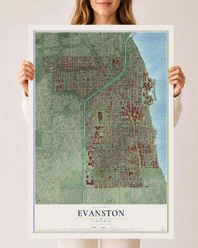 Map of Evanston, Illinois, 24 x 36 inch unframed archival matte print