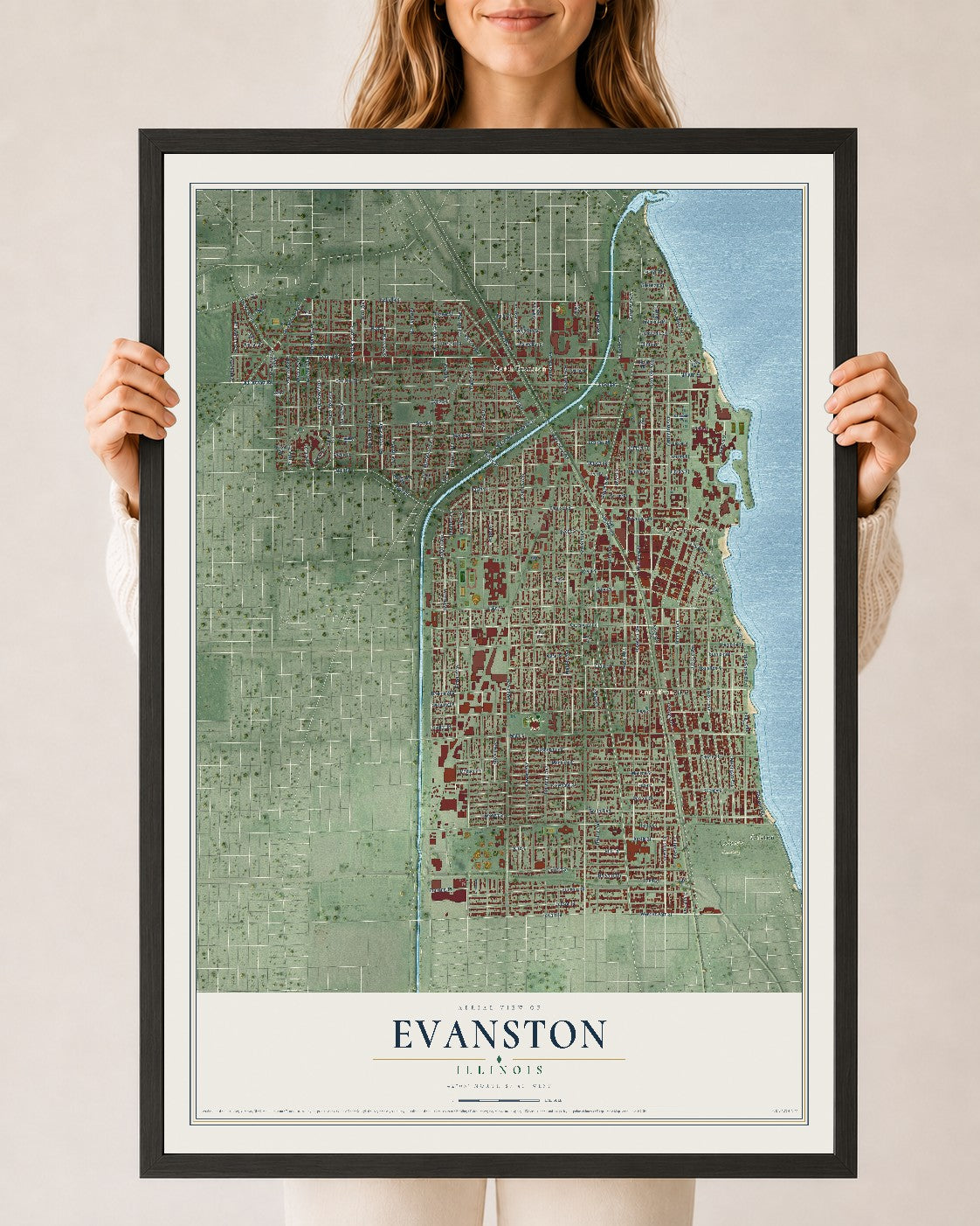 Map of Evanston, Illinois, 24 x 36 inch print in a black wood frame