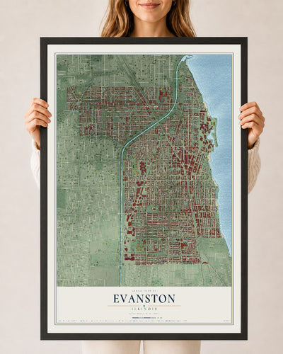 Map of Evanston, Illinois, 24 x 36 inch print in a black wood frame