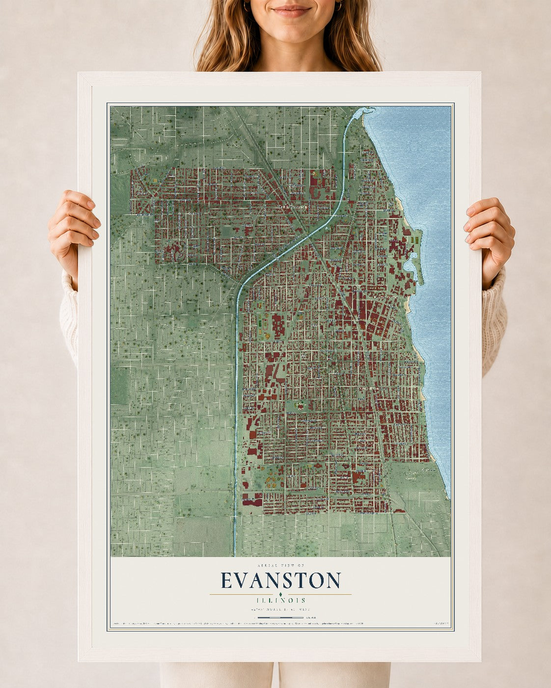 Map of Evanston, Illinois, 24 x 36 inch print in a white wood frame