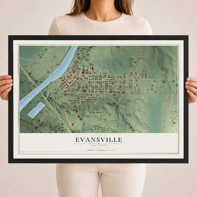 Map of Evansville, Illinois, 18 x 24 inch print in a black wood frame