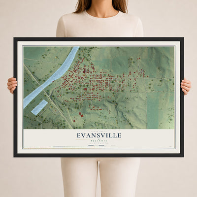 Map of Evansville, Illinois, 24 x 36 inch print in a black wood frame