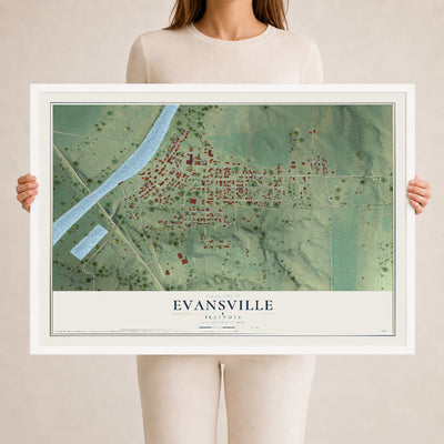 Map of Evansville, Illinois, 24 x 36 inch print in a white wood frame