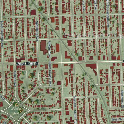 Close-up of the map of Evergreen Park, Illinois print showing street and building detail