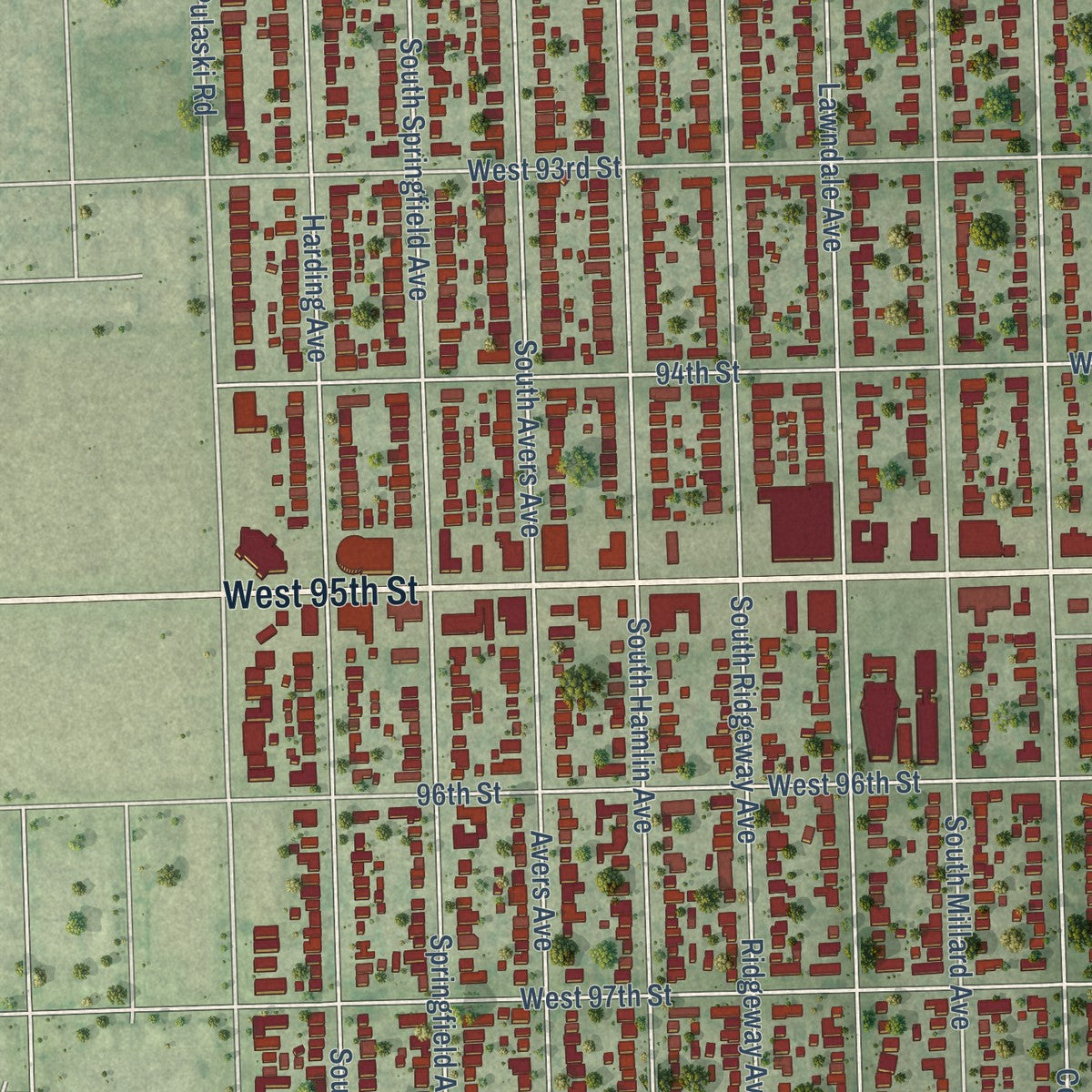 Second close-up of the map of Evergreen Park, Illinois print showing more streets and buildings