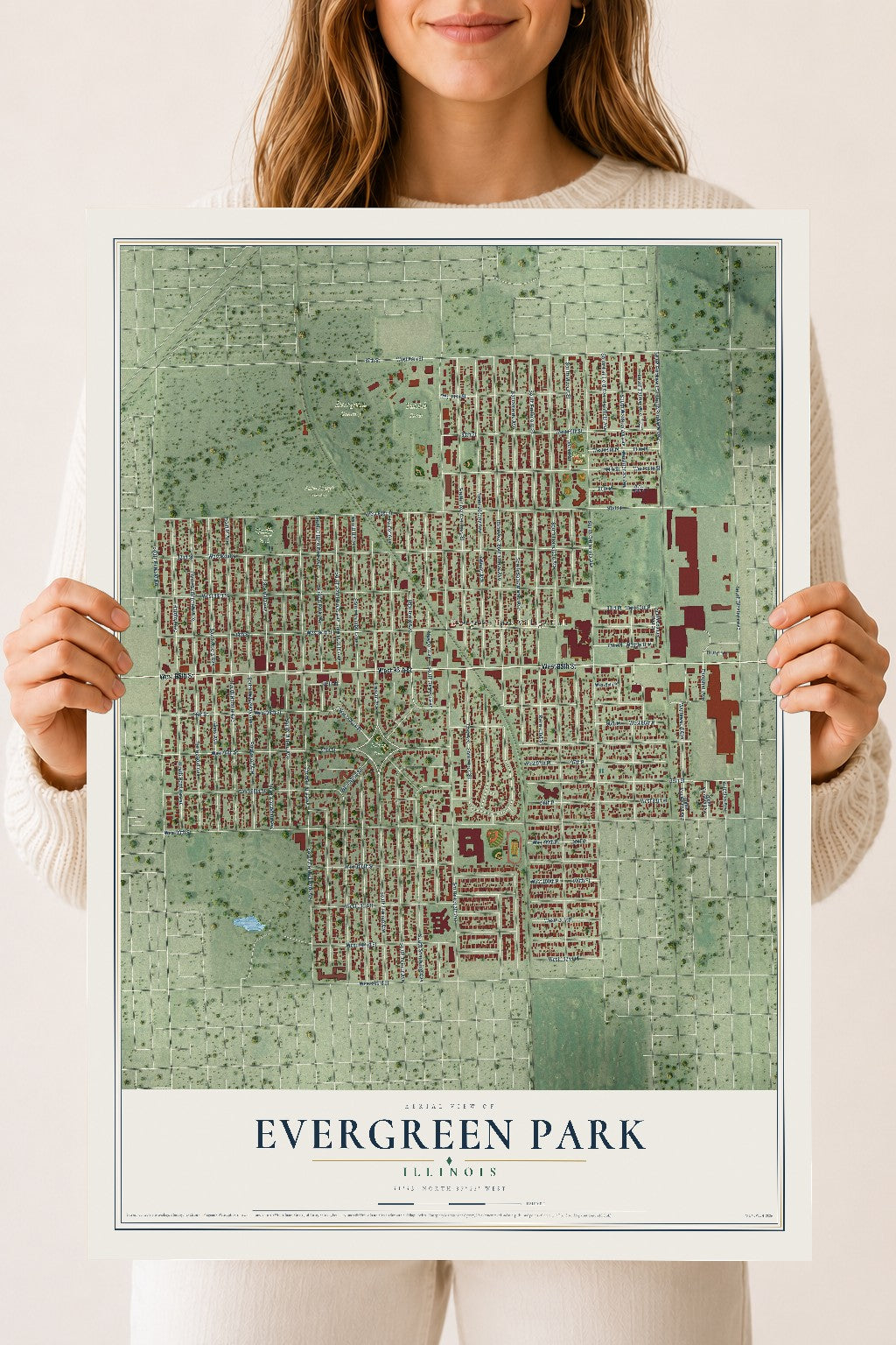 Map of Evergreen Park, Illinois, 18 x 24 inch unframed archival matte print