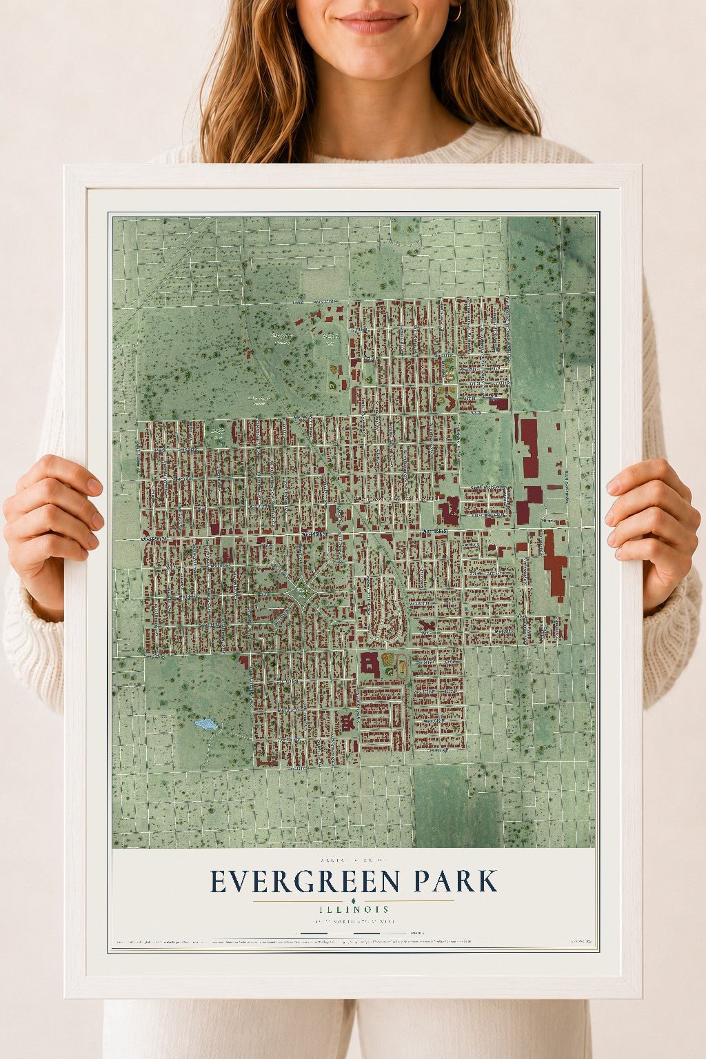 Map of Evergreen Park, Illinois, 18 x 24 inch print in a white wood frame