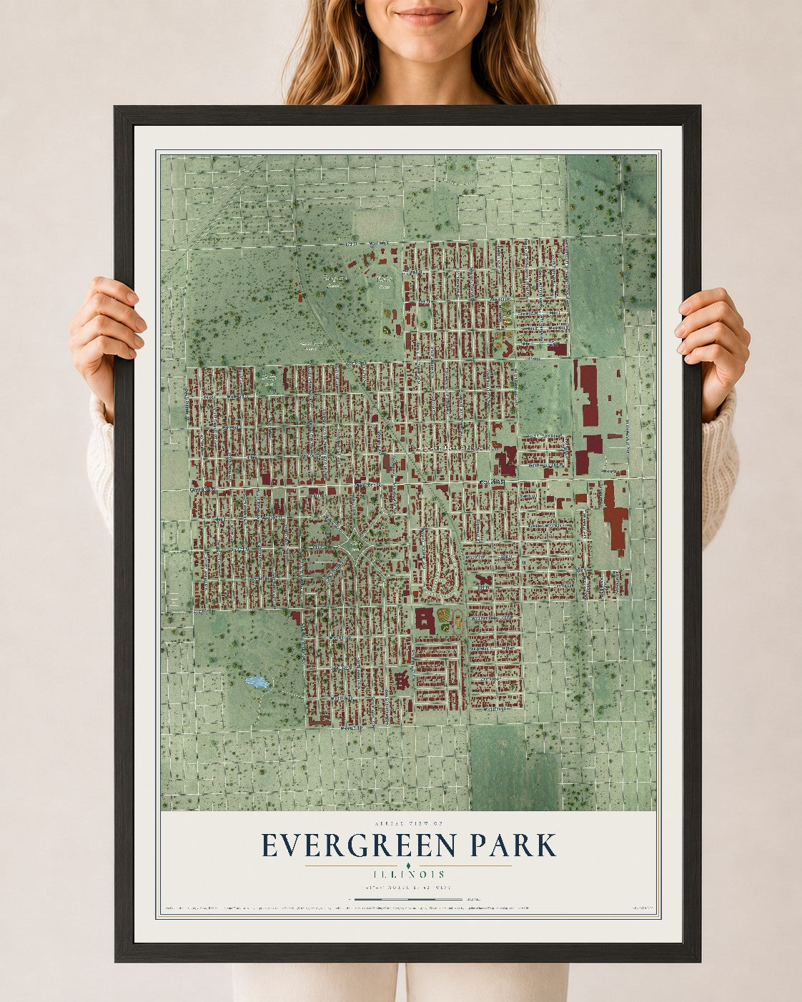 Map of Evergreen Park, Illinois, 24 x 36 inch print in a black wood frame