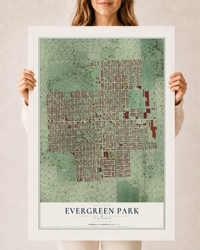 Map of Evergreen Park, Illinois, 24 x 36 inch print in a white wood frame