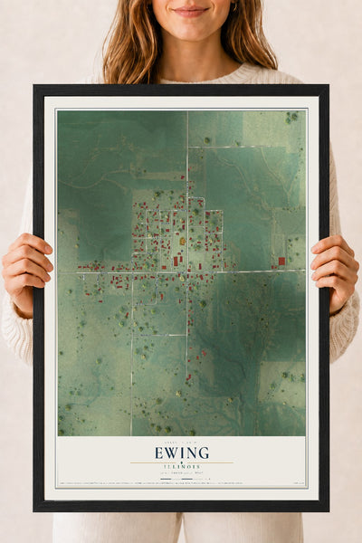 Map of Ewing, Illinois, 18 x 24 inch print in a black wood frame