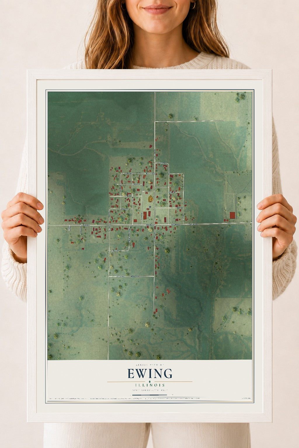 Map of Ewing, Illinois, 18 x 24 inch print in a white wood frame