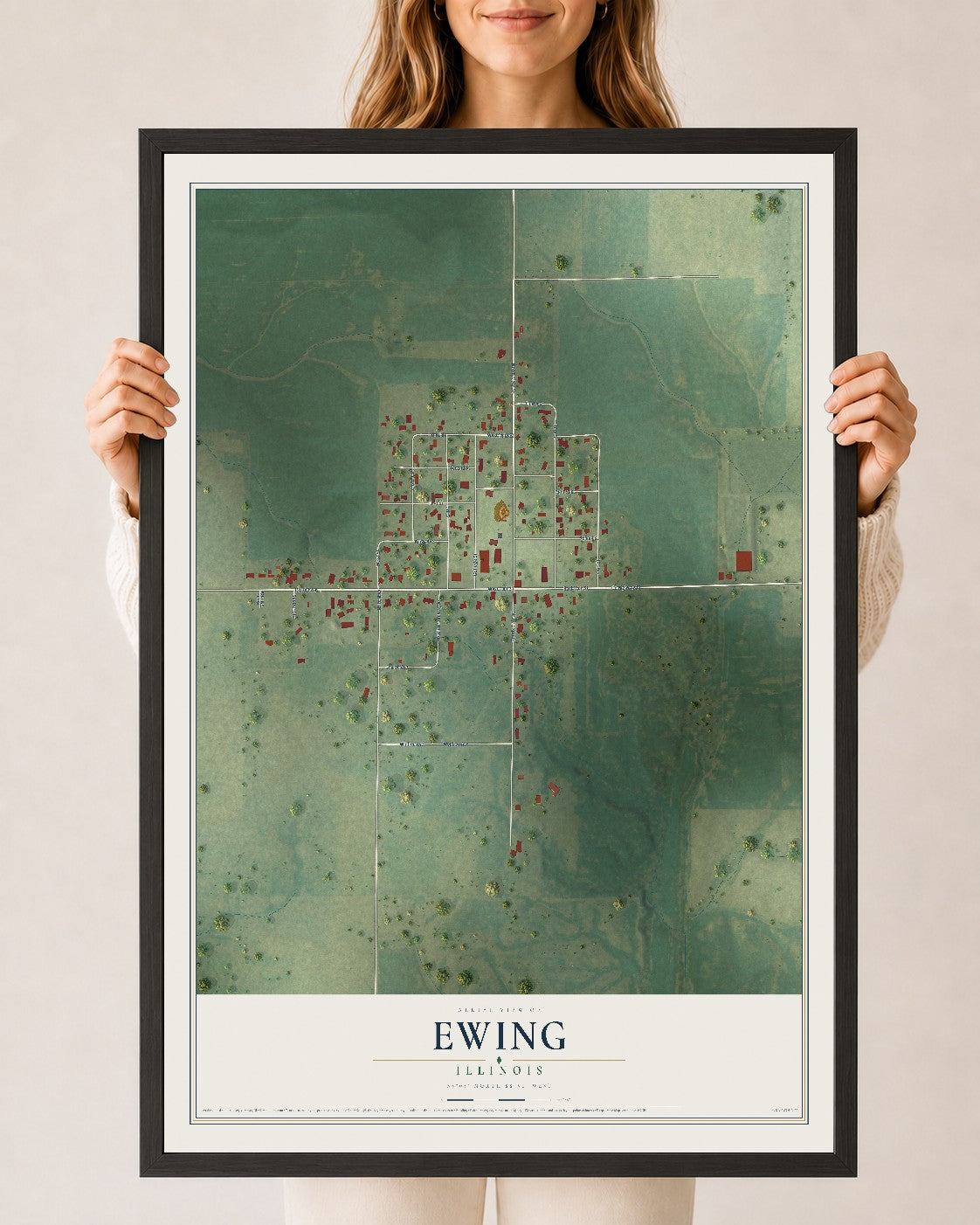 Map of Ewing, Illinois, 24 x 36 inch print in a black wood frame
