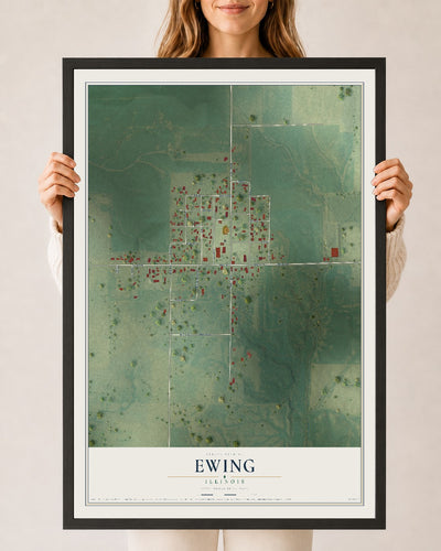 Map of Ewing, Illinois, 24 x 36 inch print in a black wood frame
