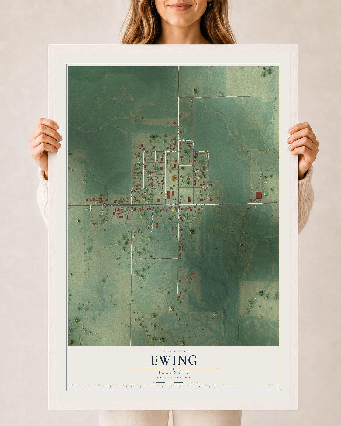 Map of Ewing, Illinois, 24 x 36 inch print in a white wood frame