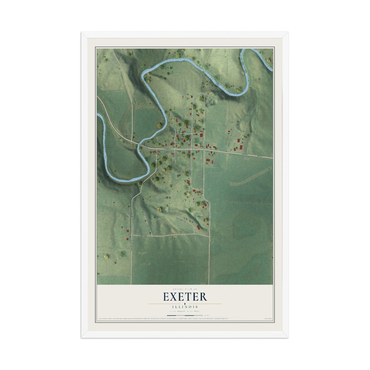 Map of Exeter, Illinois, 12 x 18 inch print in a white wood frame
