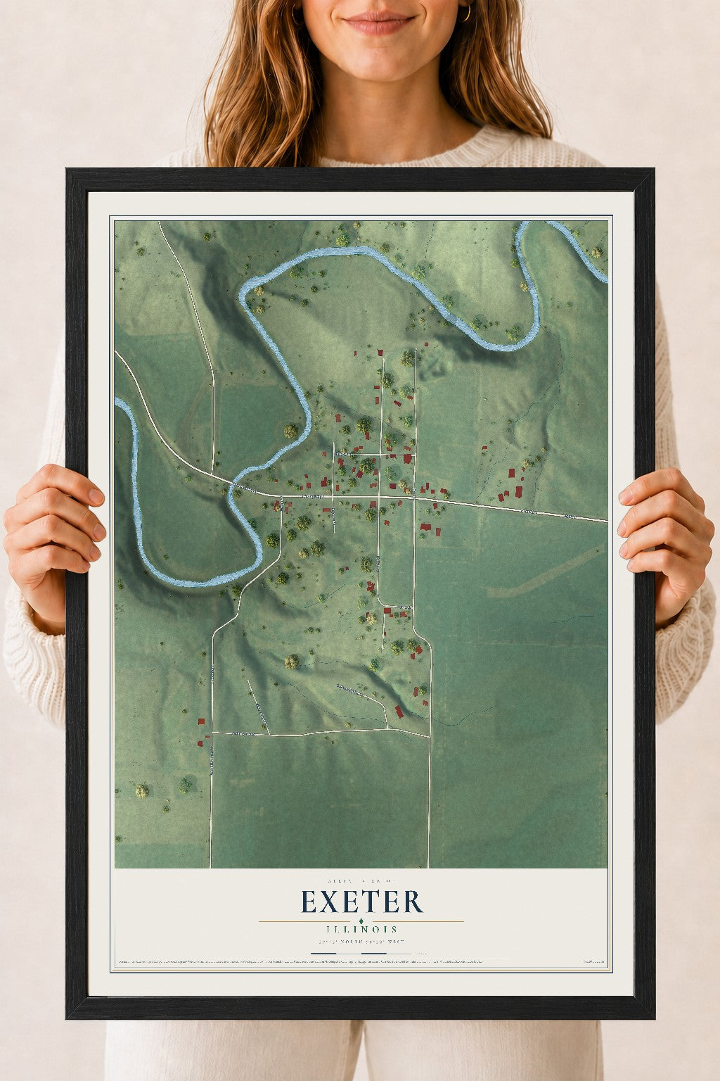 Map of Exeter, Illinois, 18 x 24 inch print in a black wood frame