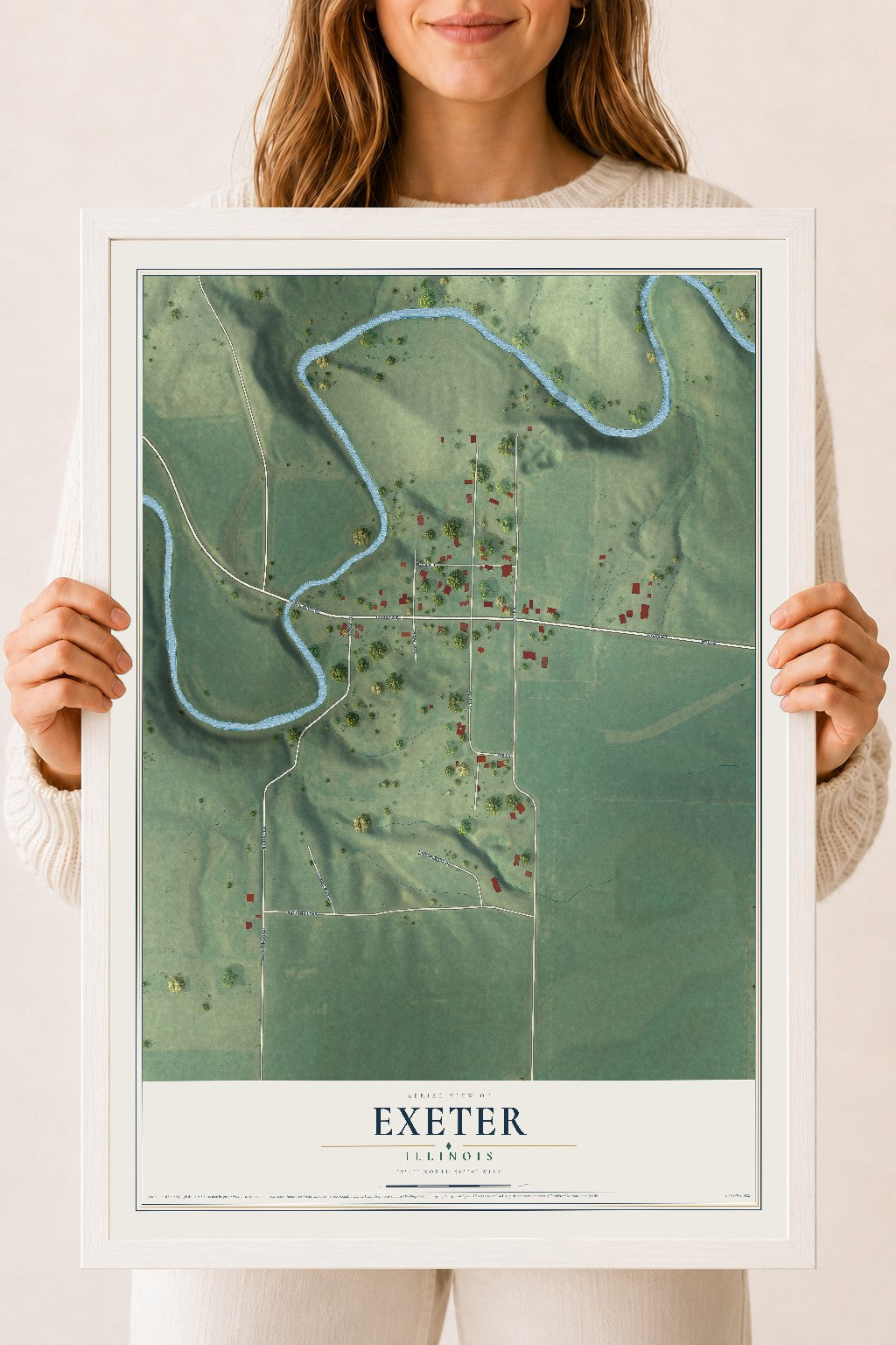 Map of Exeter, Illinois, 18 x 24 inch print in a white wood frame