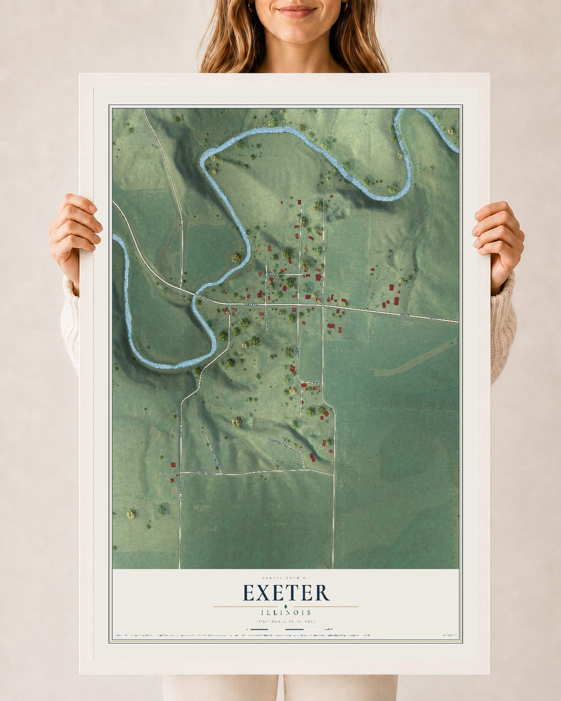 Map of Exeter, Illinois, 24 x 36 inch print in a white wood frame