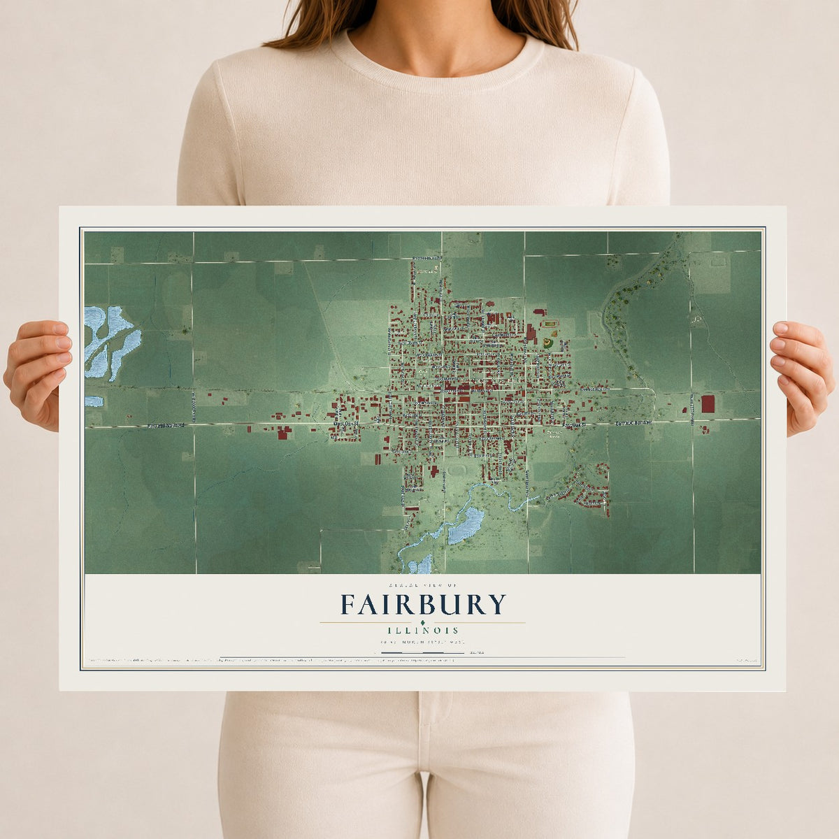 Map of Fairbury, Illinois, 12 x 18 inch unframed archival matte print
