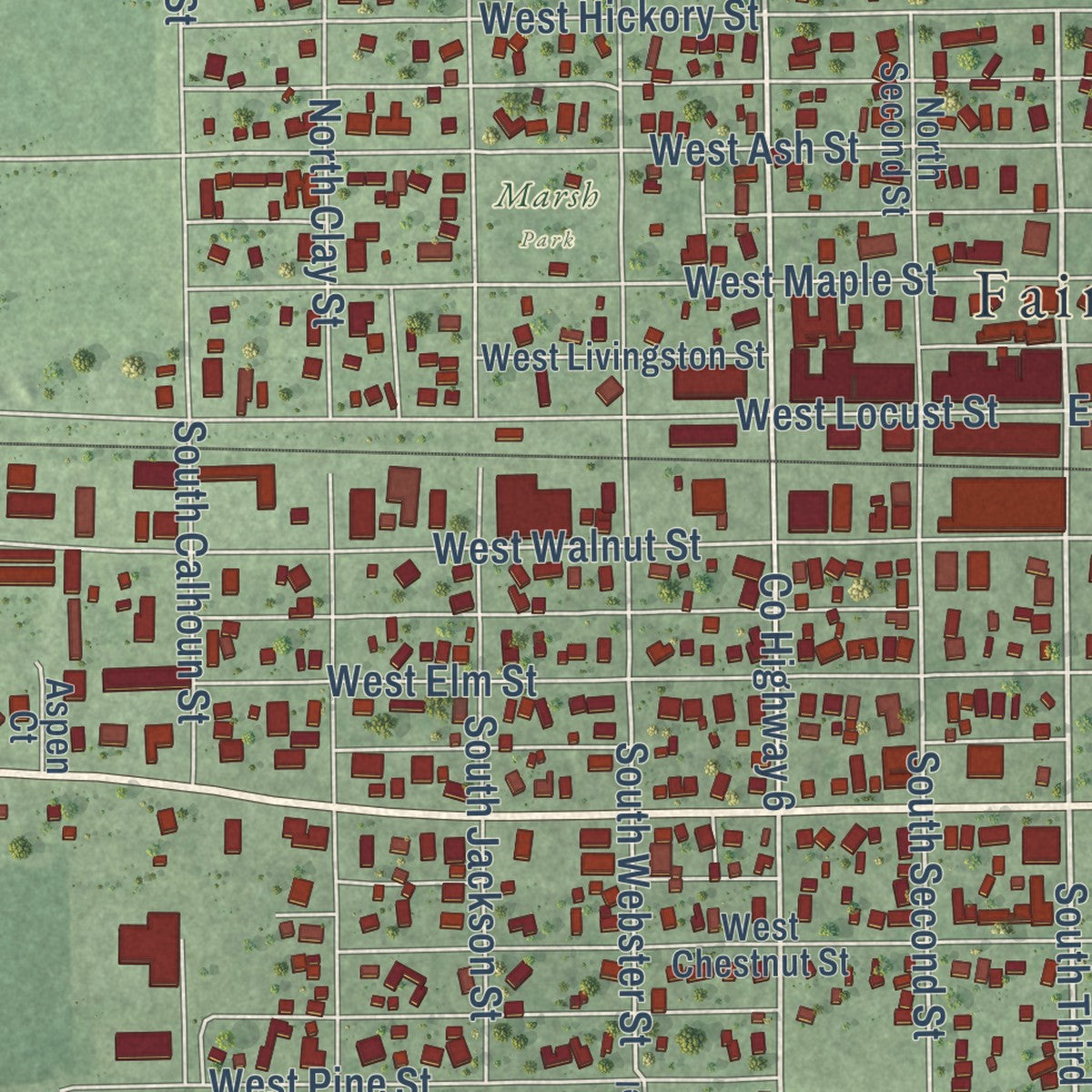 Close-up of the map of Fairbury, Illinois print showing street and building detail