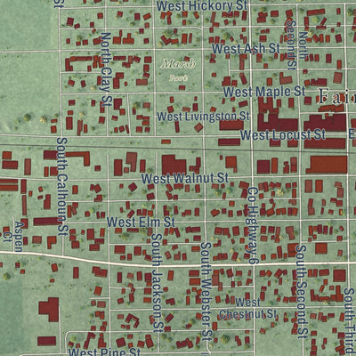 Close-up of the map of Fairbury, Illinois print showing street and building detail