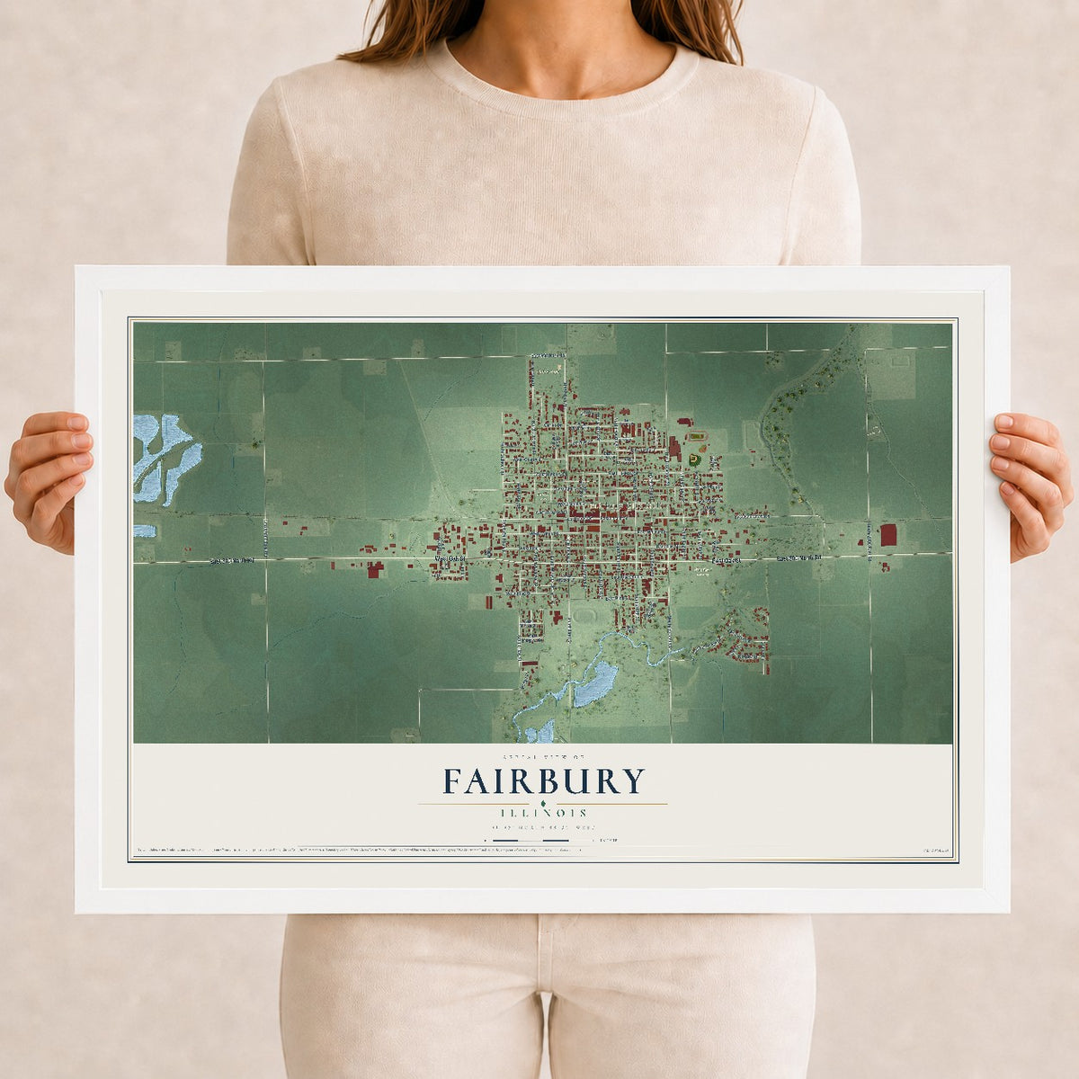 Map of Fairbury, Illinois, 12 x 18 inch print in a white wood frame