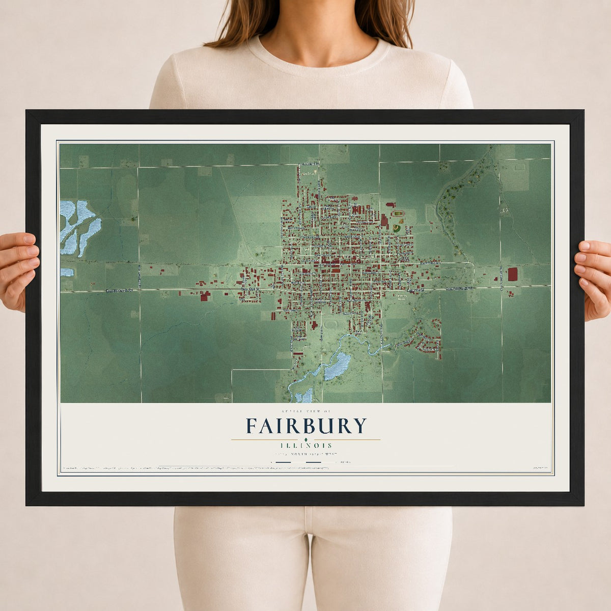 Map of Fairbury, Illinois, 18 x 24 inch print in a black wood frame