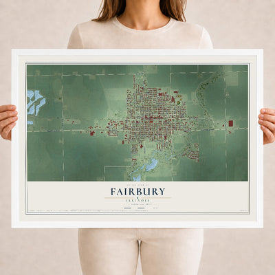 Map of Fairbury, Illinois, 18 x 24 inch print in a white wood frame