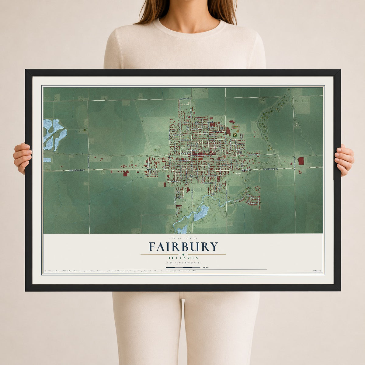 Map of Fairbury, Illinois, 24 x 36 inch print in a black wood frame