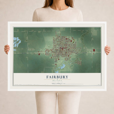 Map of Fairbury, Illinois, 24 x 36 inch print in a white wood frame