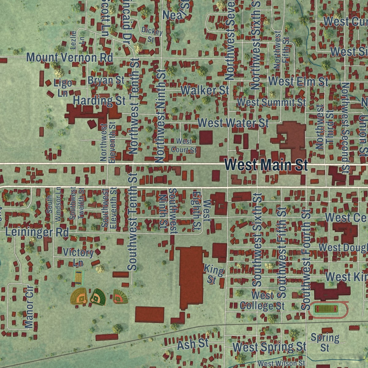 Close-up of the map of Fairfield, Illinois print showing street and building detail