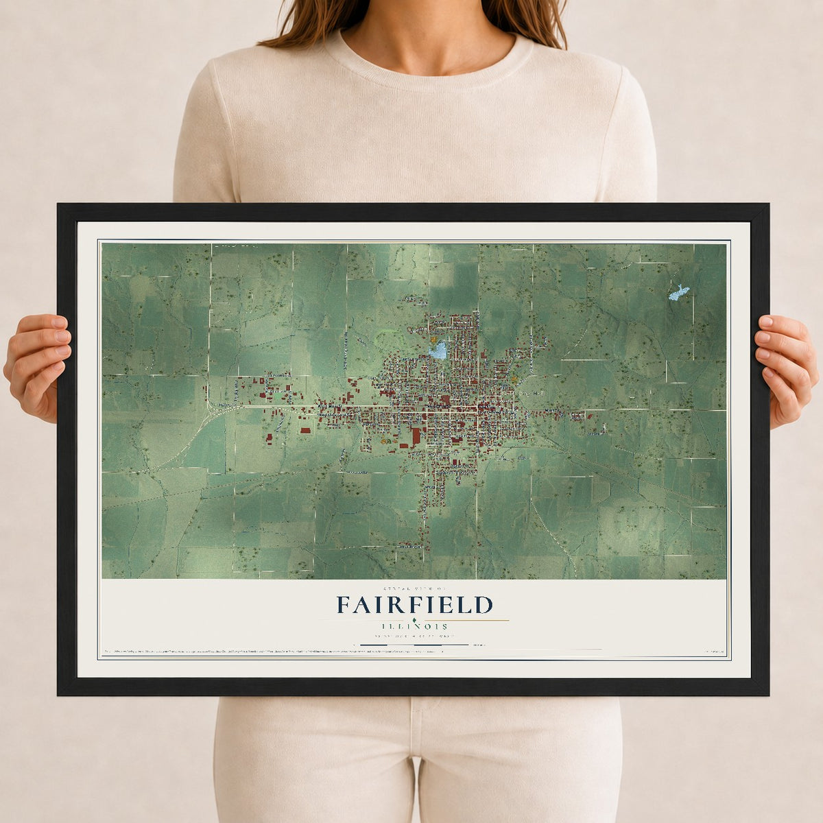 Map of Fairfield, Illinois, 12 x 18 inch print in a black wood frame