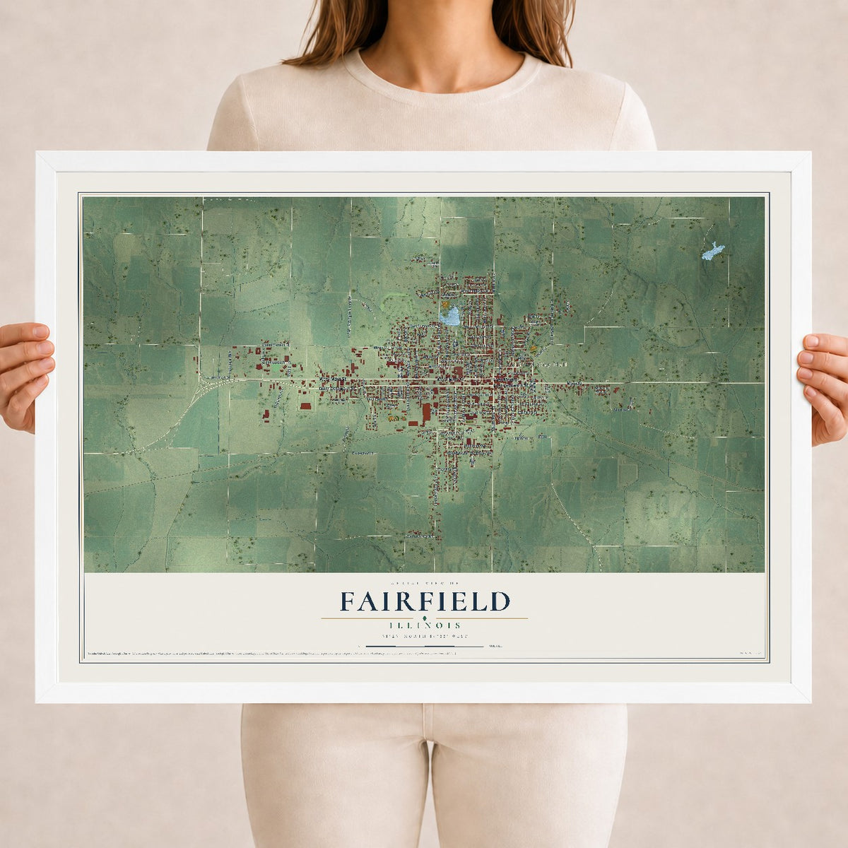 Map of Fairfield, Illinois, 18 x 24 inch print in a white wood frame