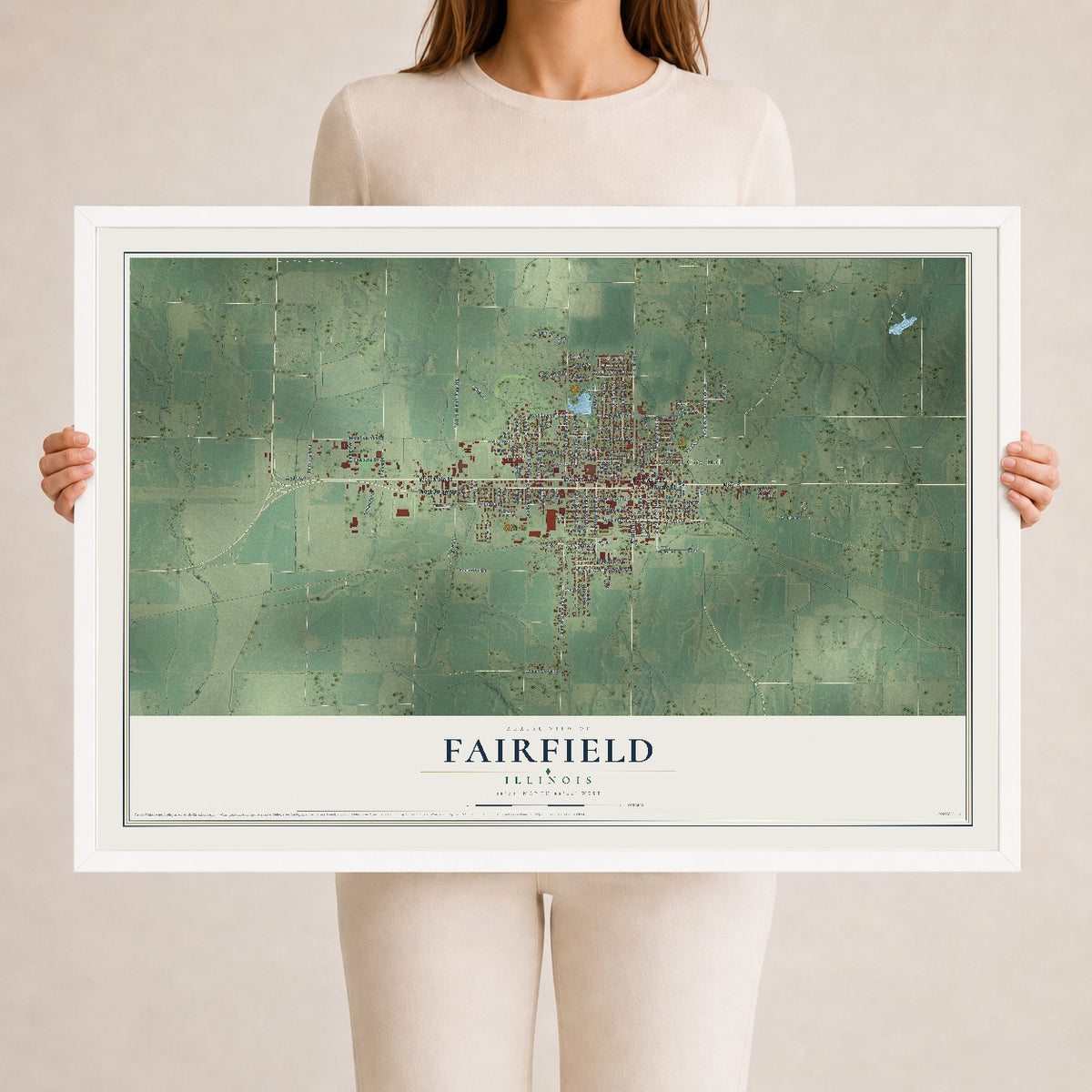 Map of Fairfield, Illinois, 24 x 36 inch print in a white wood frame