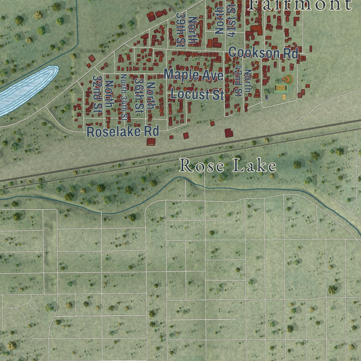 Second close-up of the map of Fairmont City, Illinois print showing more streets and buildings