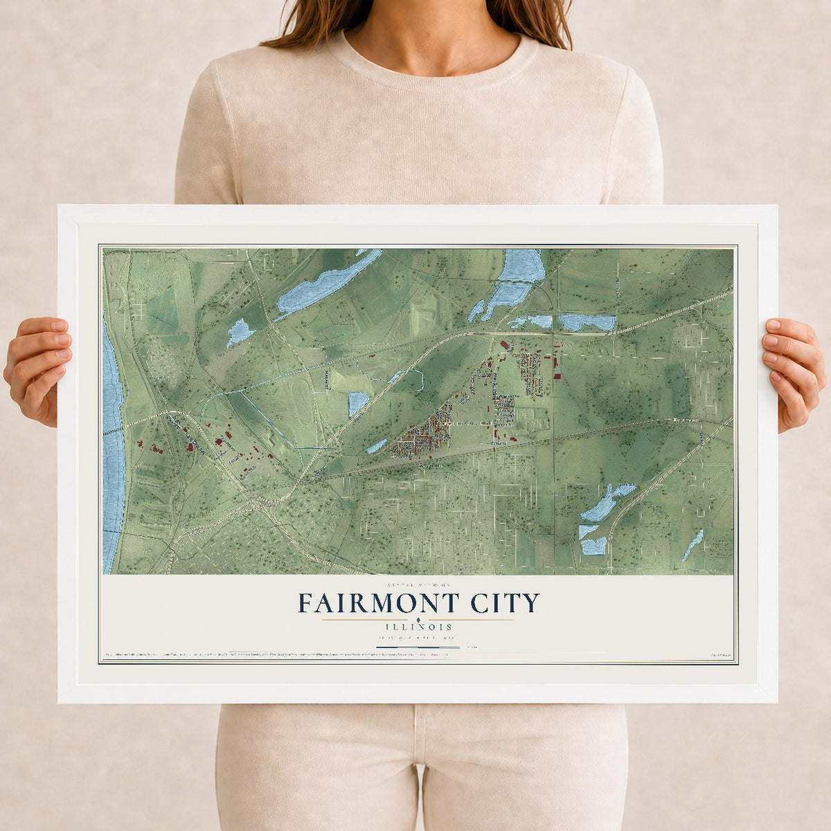 Map of Fairmont City, Illinois, 12 x 18 inch print in a white wood frame