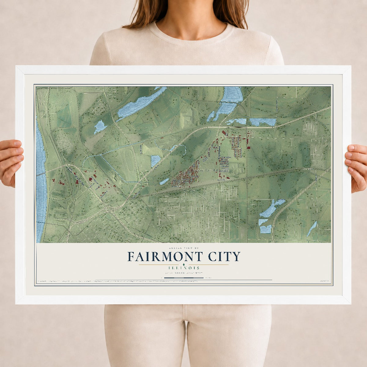 Map of Fairmont City, Illinois, 18 x 24 inch print in a white wood frame