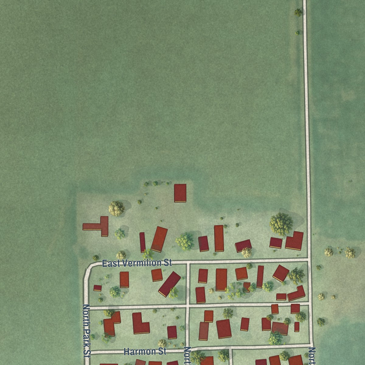 Second close-up of the map of Fairmount, Illinois print showing more streets and buildings