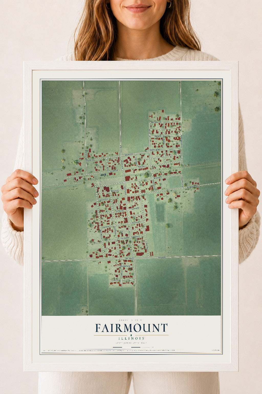 Map of Fairmount, Illinois, 18 x 24 inch print in a white wood frame