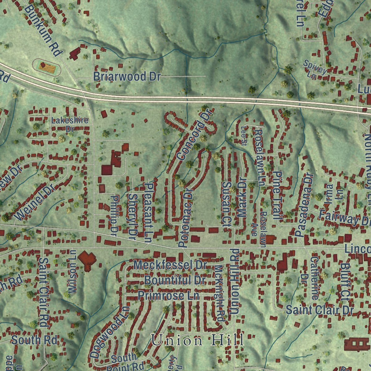 Second close-up of the map of Fairview Heights, Illinois print showing more streets and buildings