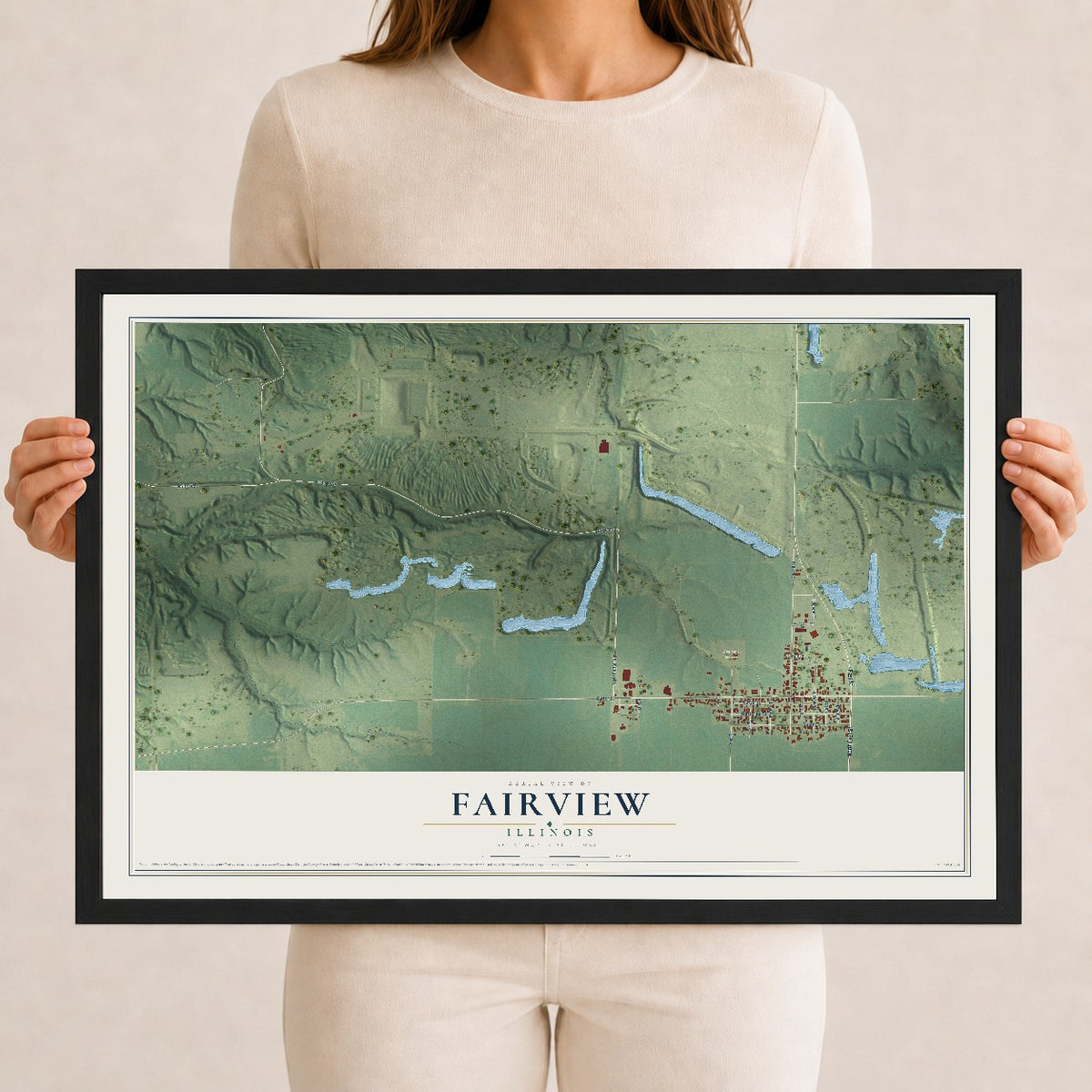 Map of Fairview, Illinois, 12 x 18 inch print in a black wood frame