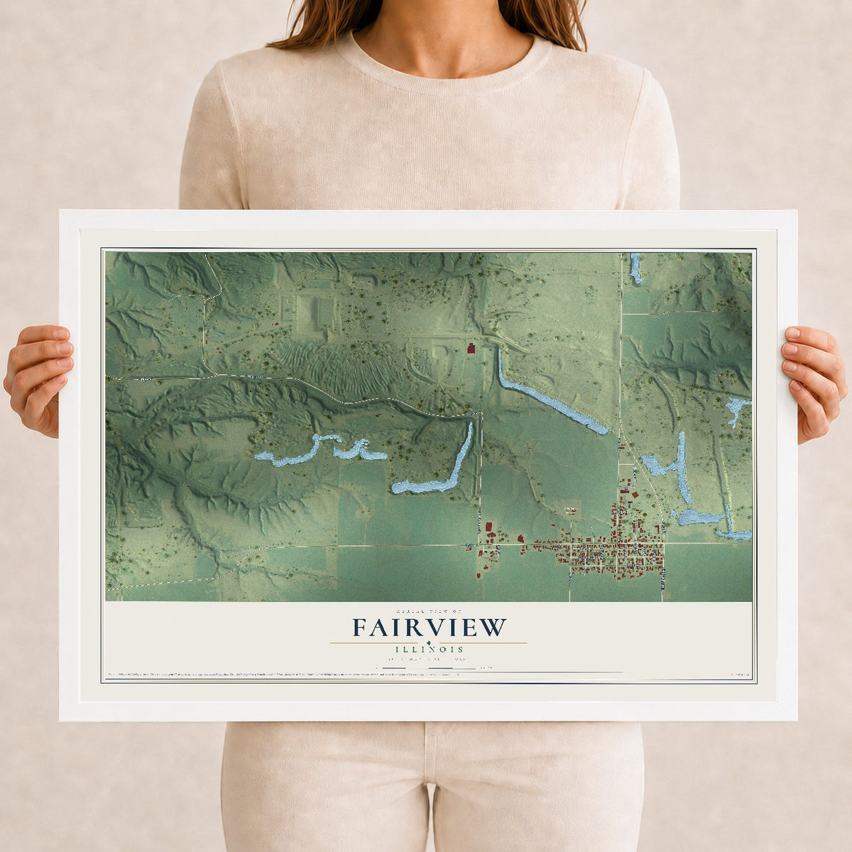 Map of Fairview, Illinois, 12 x 18 inch print in a white wood frame