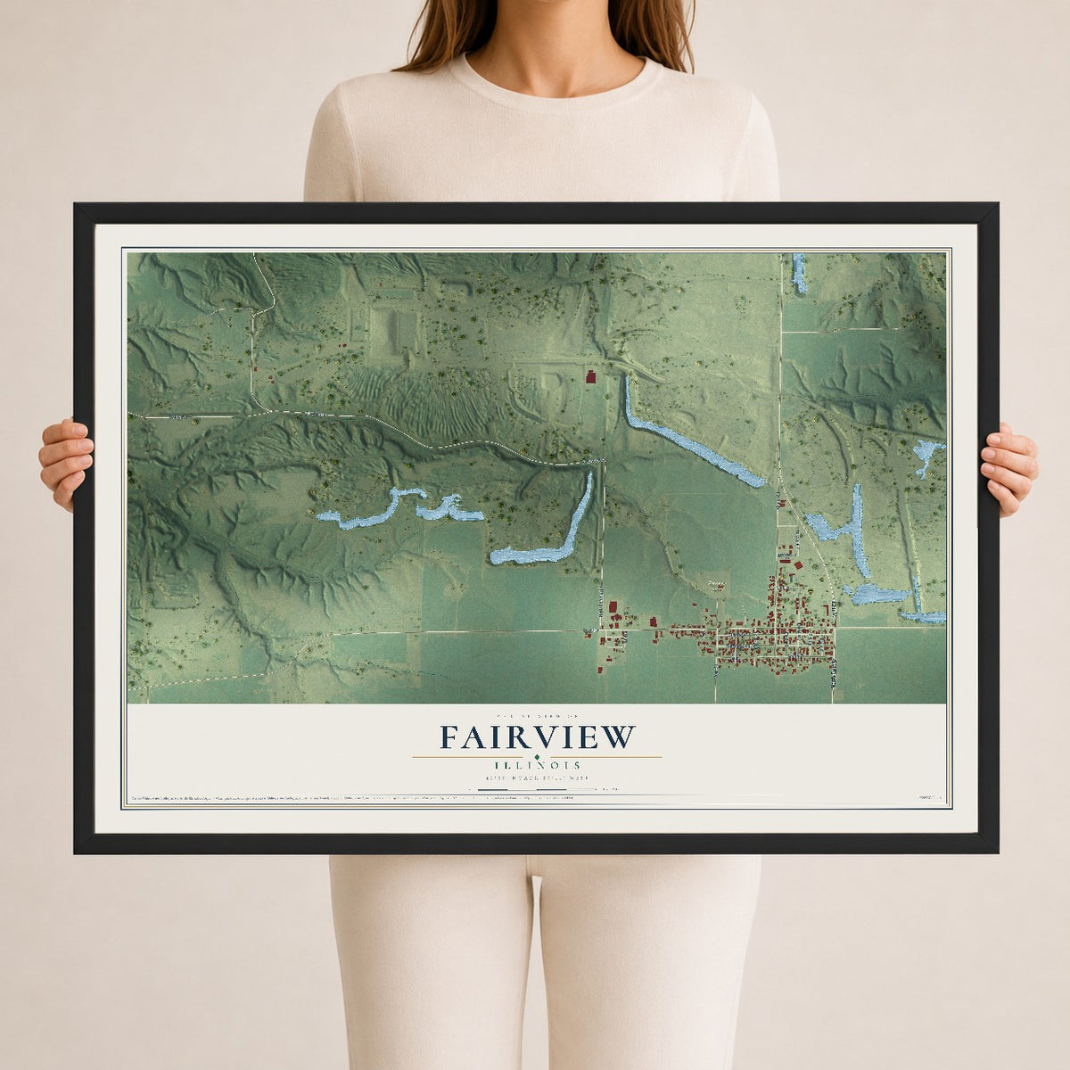Map of Fairview, Illinois, 24 x 36 inch print in a black wood frame