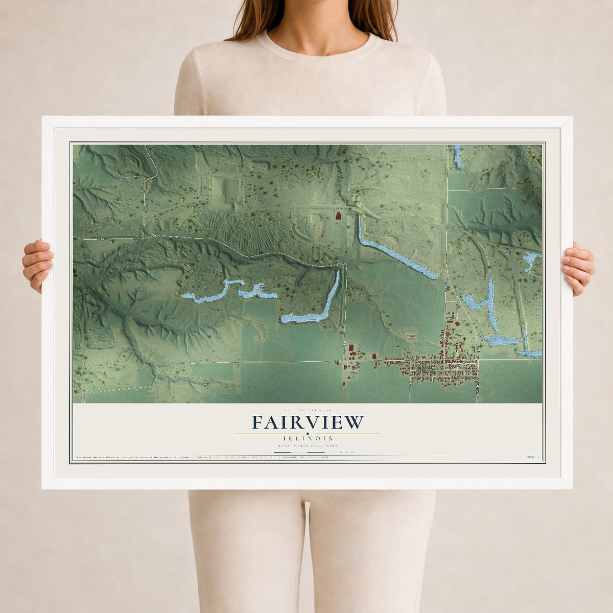 Map of Fairview, Illinois, 24 x 36 inch print in a white wood frame