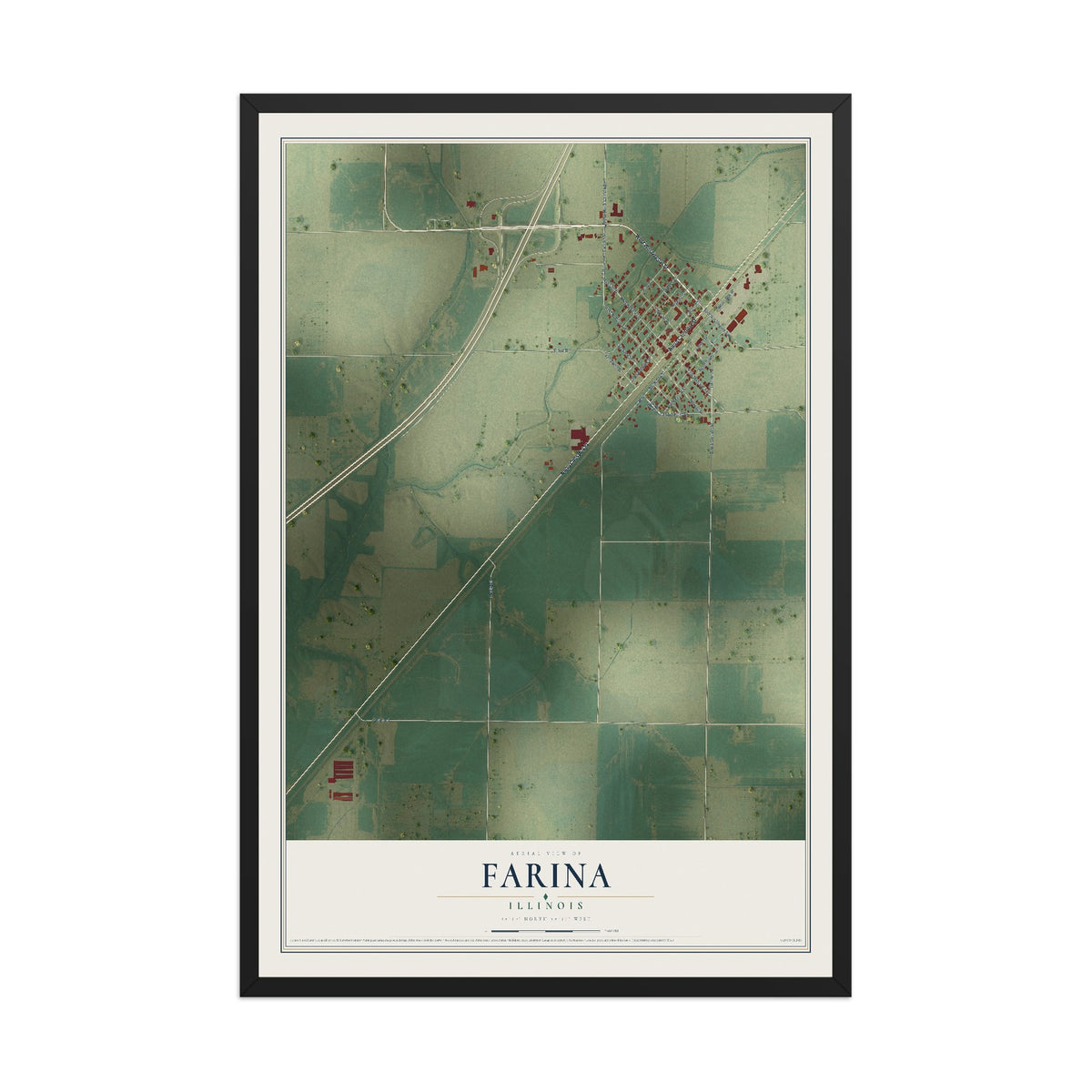 Map of Farina, Illinois, 12 x 18 inch print in a black wood frame